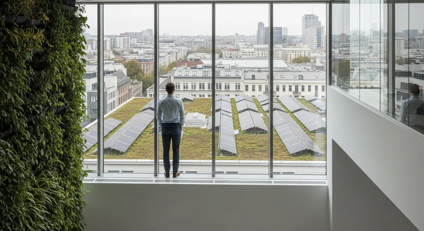 A businessman working in a green office representing eco-friendly business practices 2026 with solar panels.