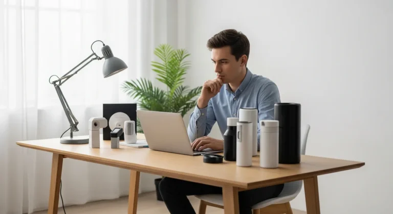 Top ecommerce business ideas for beginners illustrated by a man working on a laptop in a modern home office.