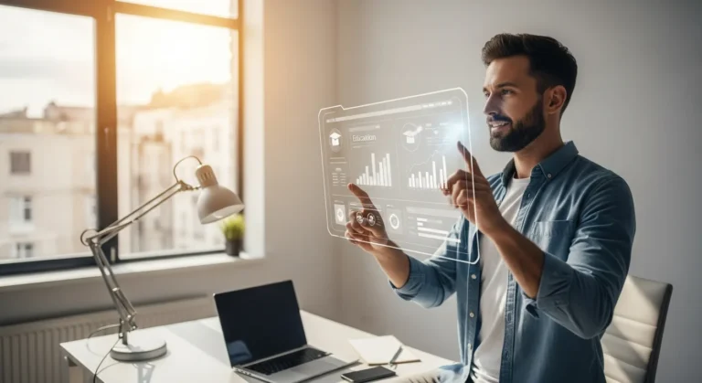 Professional male using a futuristic digital tablet to find high-paying ed tech jobs.