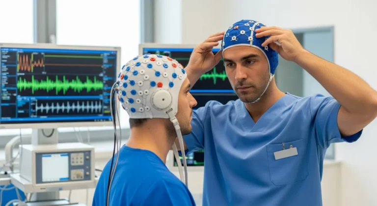 A professional male technician preparing equipment for eeg tech jobs in a modern clinical setting.