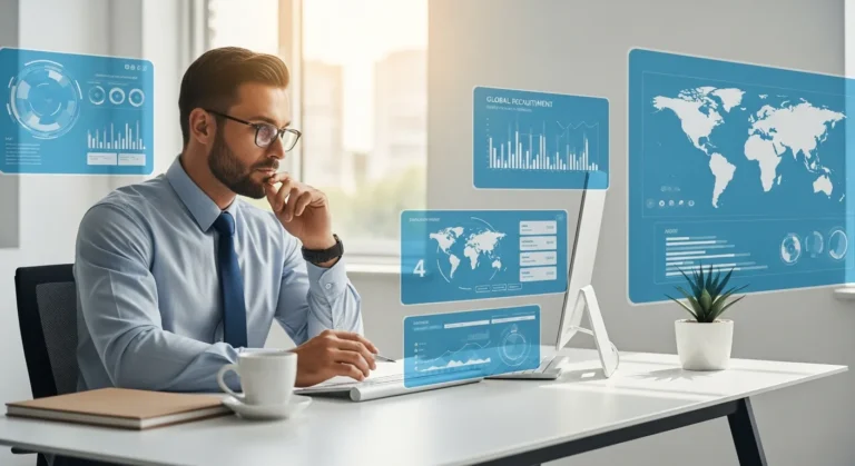 A professional man evaluating global hiring options with employer of record services 2026 on a digital tablet.