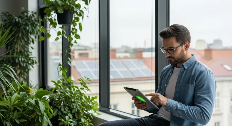 A professional man reviewing ESG compliance for small businesses on a tablet in a modern, eco-friendly office.