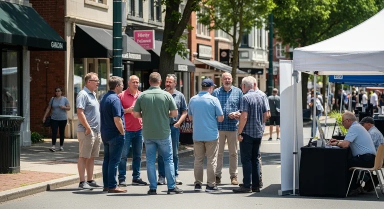 A community street fair showcasing effective event marketing for local businesses in a vibrant neighborhood.