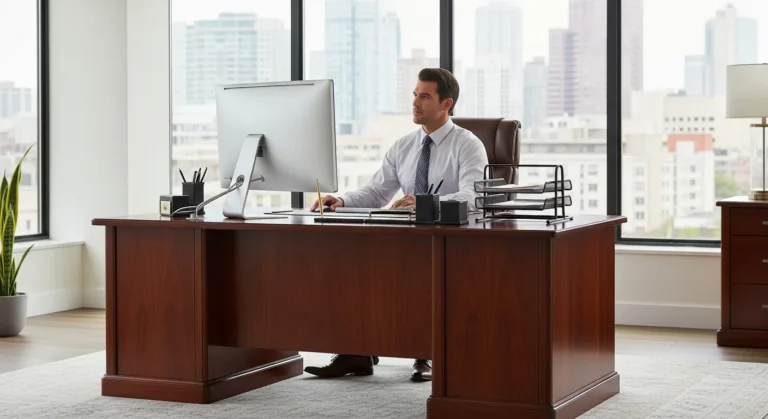 Modern mahogany executive desk for home office setup with minimalist decor and high-end tech accessories.