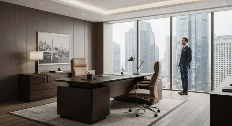 High-end executive office furniture in a modern corporate suite with a professional city view.