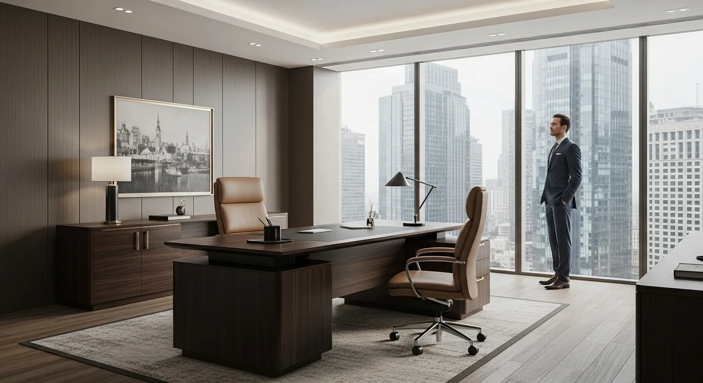 High-end executive office furniture in a modern corporate suite with a professional city view.