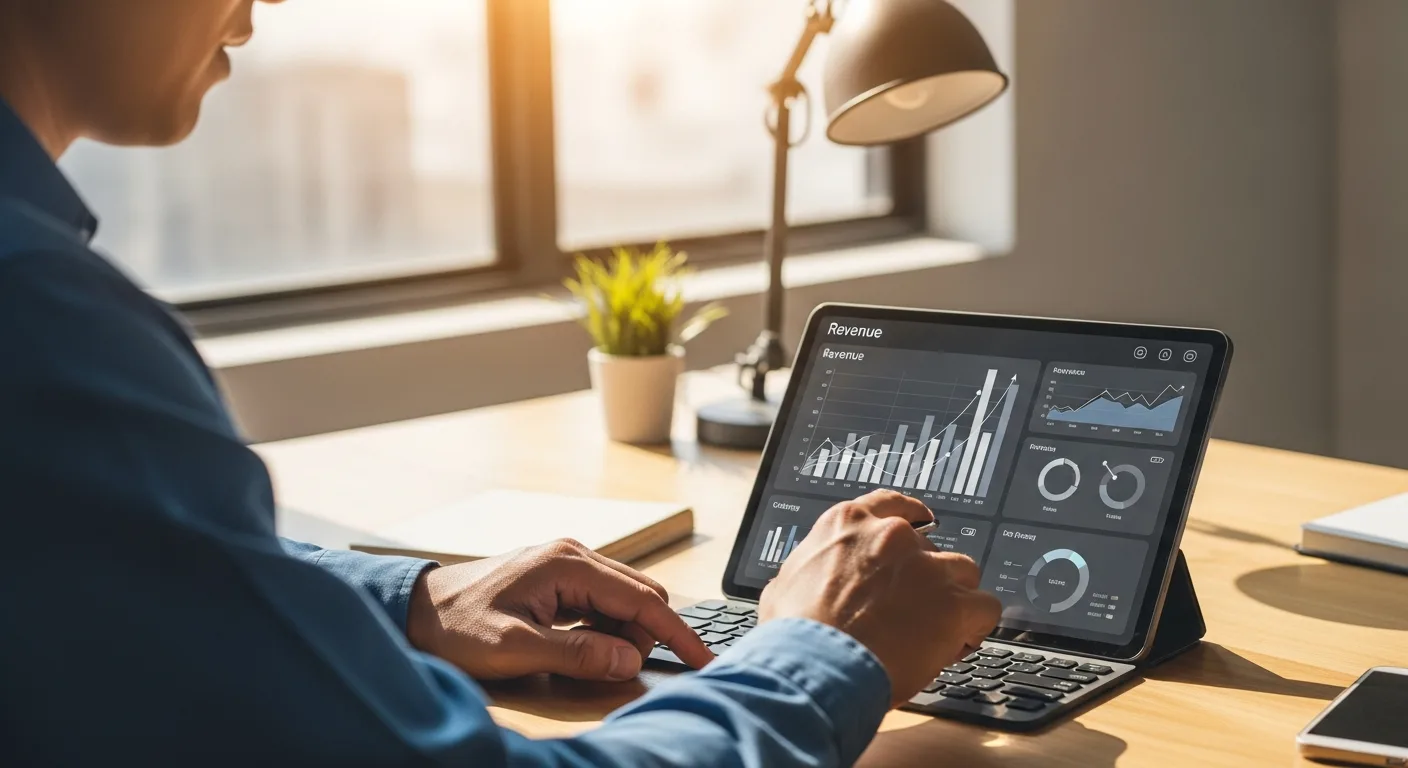 A businessman reviewing growth charts and financial forecasting for small businesses on a digital tablet.