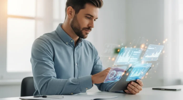 A male entrepreneur analyzing modern fintech trends for small business owners on a sleek digital tablet.