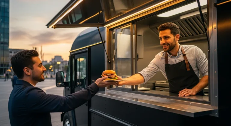 A successful food truck business in a modern city park with a male chef serving gourmet meals.