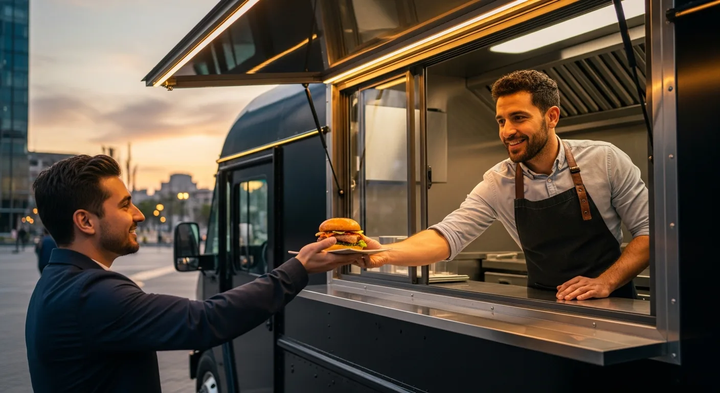 A successful food truck business in a modern city park with a male chef serving gourmet meals.