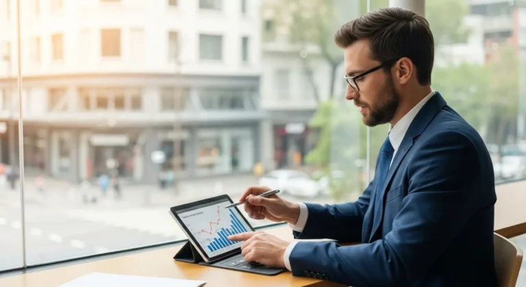 A businessman analyzing high-yield franchise business opportunities 2026 on a digital tablet in a modern office.