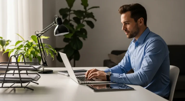 A professional freelance business setup guide showing a modern home office with high-tech equipment and minimalist decor.