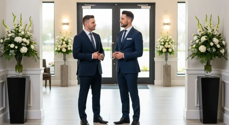 Professional men discussing funeral home jobs in a bright and respectful modern office setting.