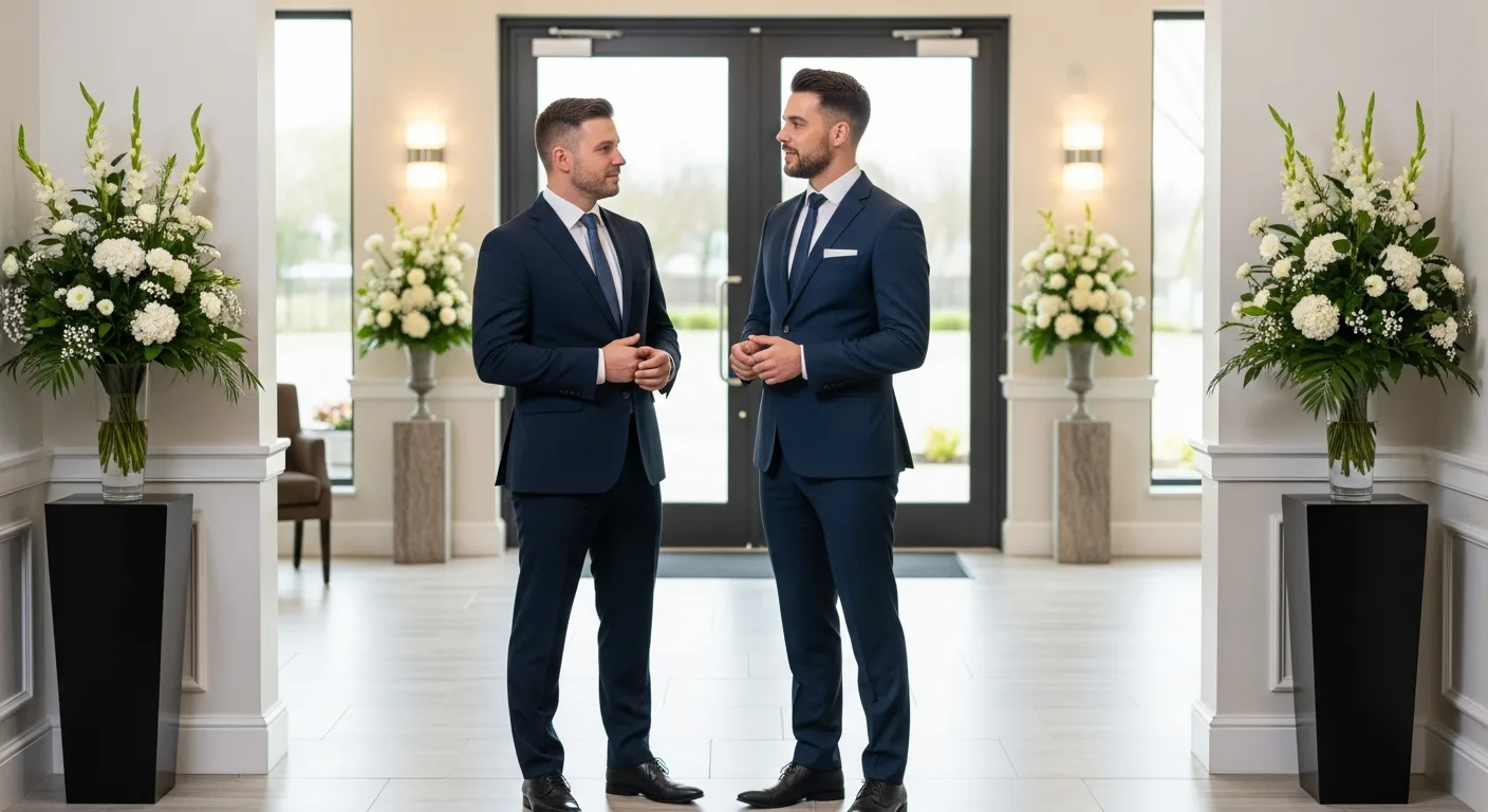 Professional men discussing funeral home jobs in a bright and respectful modern office setting.