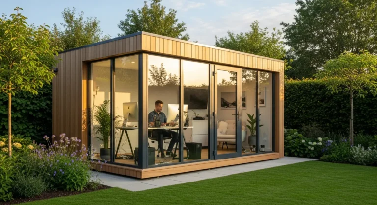 A modern garden office pod with floor-to-ceiling glass windows situated in a lush, green backyard.