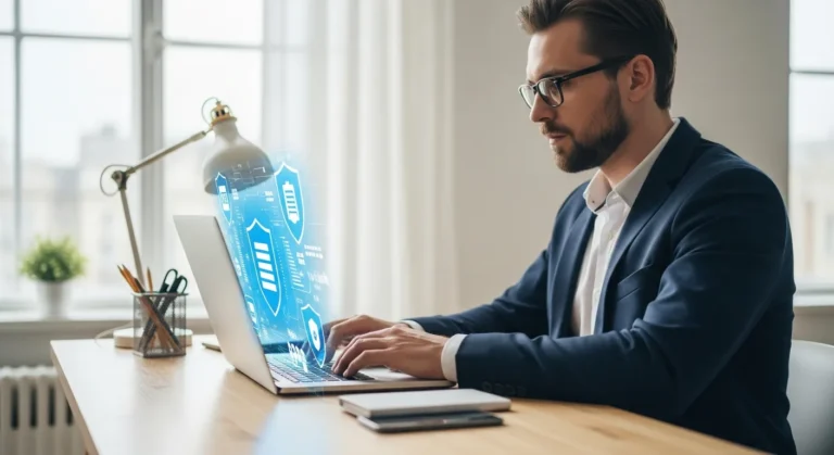 A professional man reviewing digital data for GDPR compliance for small businesses in a modern office.