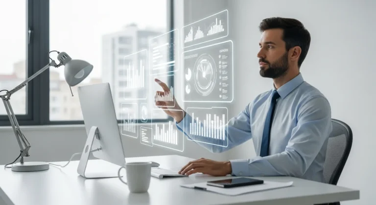 A businessman reviewing data from generative AI tools for entrepreneurs to maximize business ROI in a modern office.