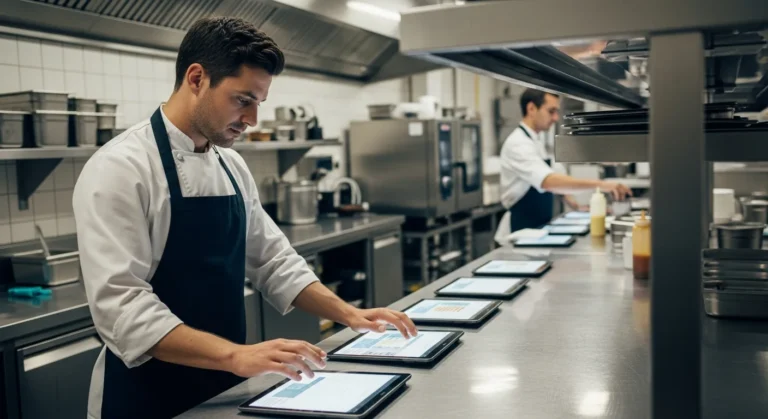 A professional man reviewing data for a ghost kitchen business model in a modern commercial kitchen.
