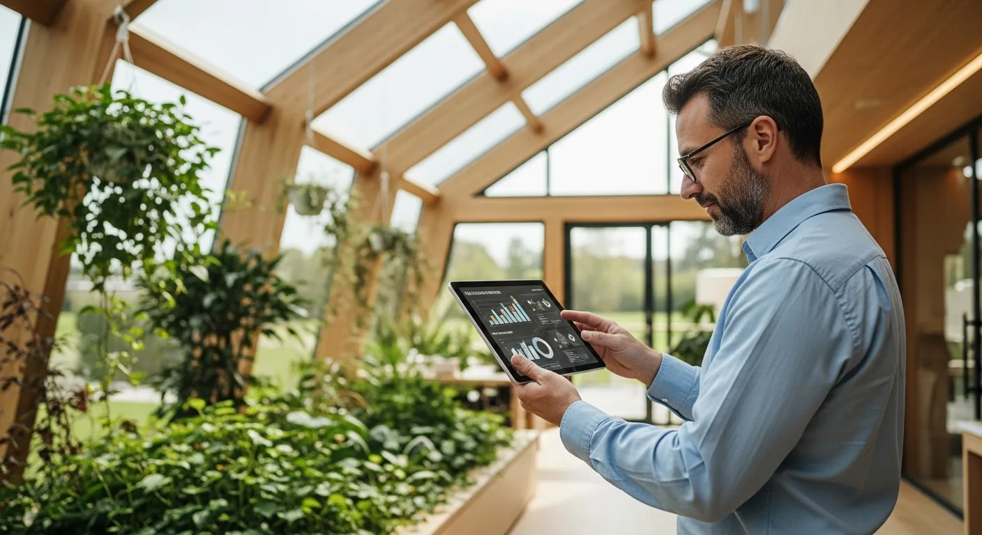 A man reviewing the steps of the green business certification process in a modern, sustainable corporate office.