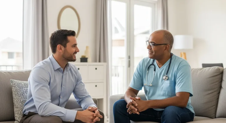 A male caregiver assisting a resident in a modern facility, highlighting the daily environment of group home jobs.