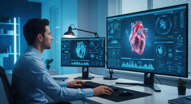 Professional male analyzing medical software on a monitor to land high-paying health tech jobs.