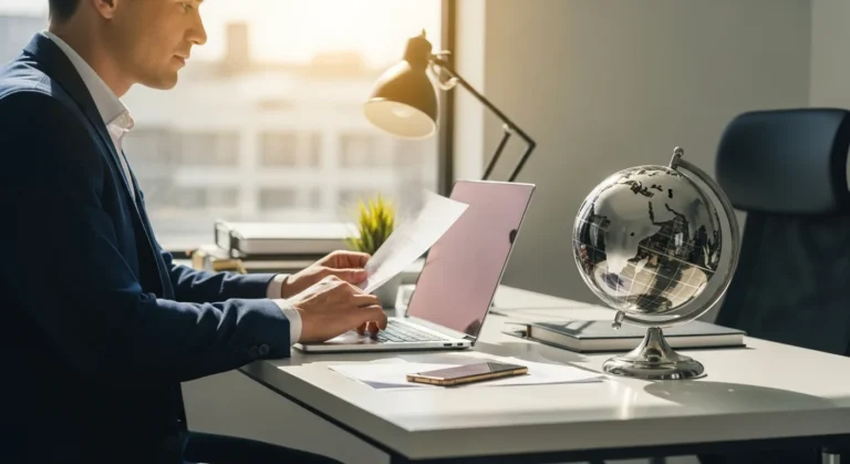 A professional man reviewing global contracts for hiring remote workers internationally on his laptop.