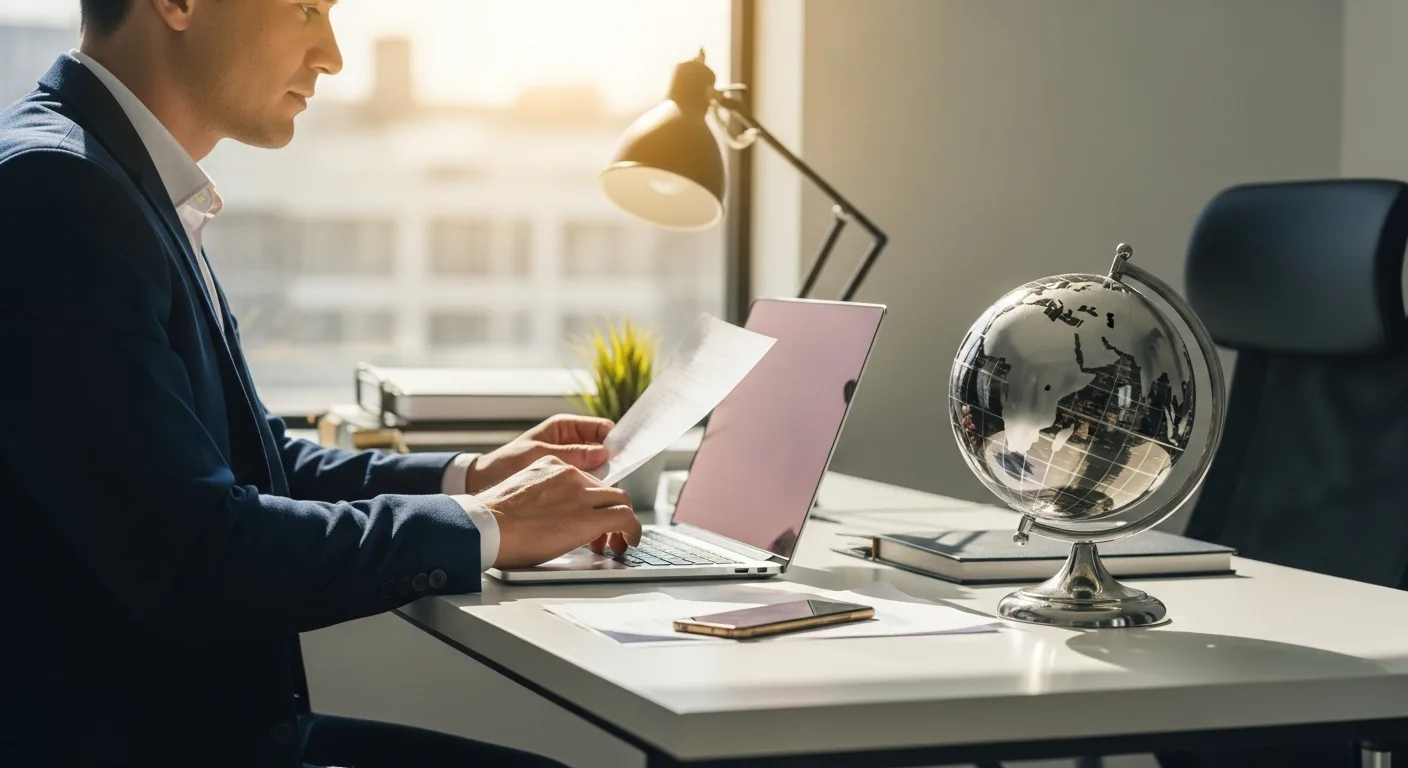 A professional man reviewing global contracts for hiring remote workers internationally on his laptop.