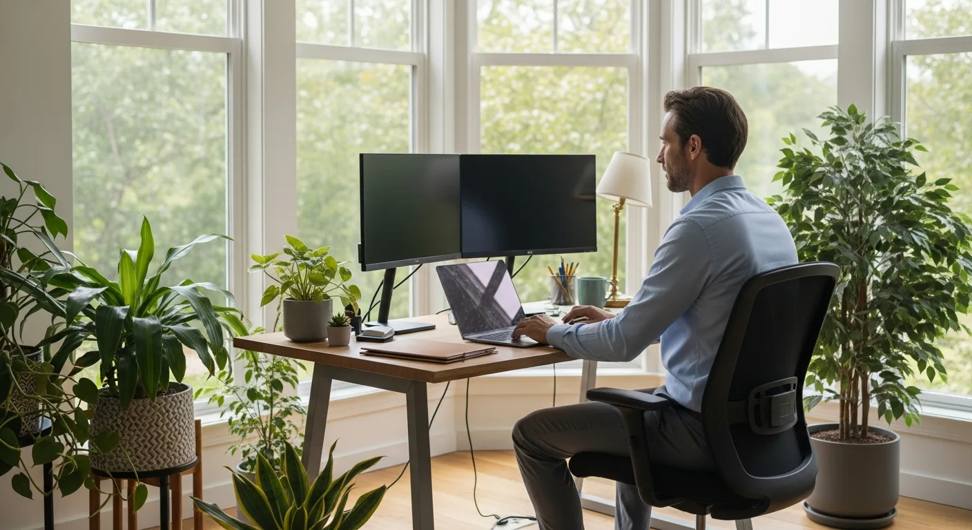 Professional man managing a profitable home based business from a bright, minimalist workspace.