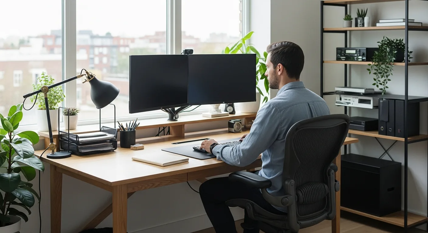 Productive home office desk ideas featuring a minimalist wooden workstation and a man working in a bright room.