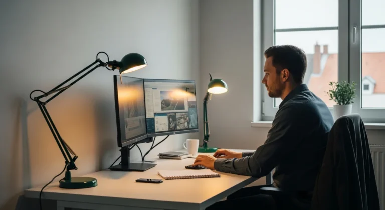 A professional workspace featuring layered home office lighting with a desk lamp and natural window light.