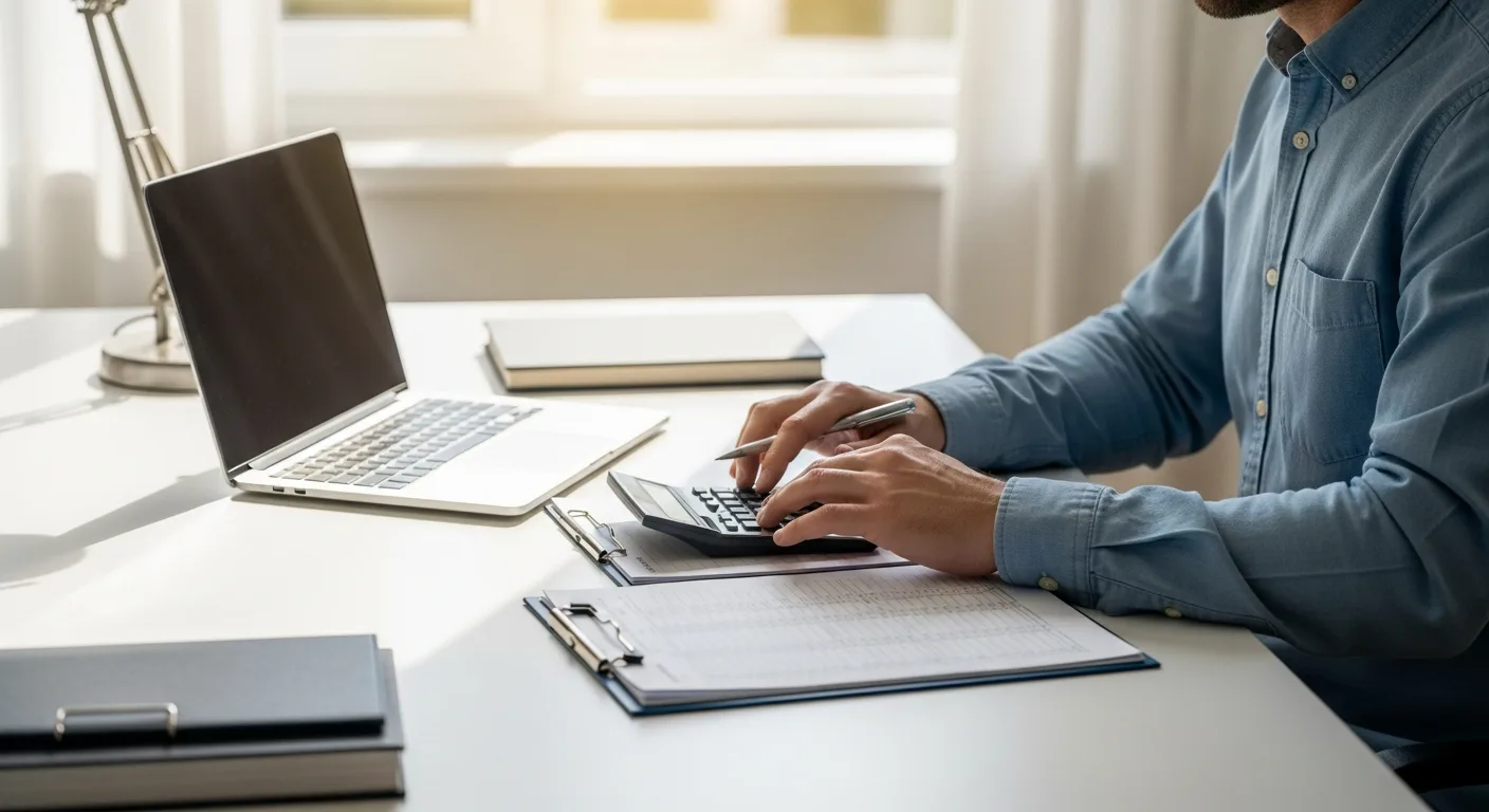 A professional man reviewing financial documents for home office tax deductions 2026 at a modern wooden desk.