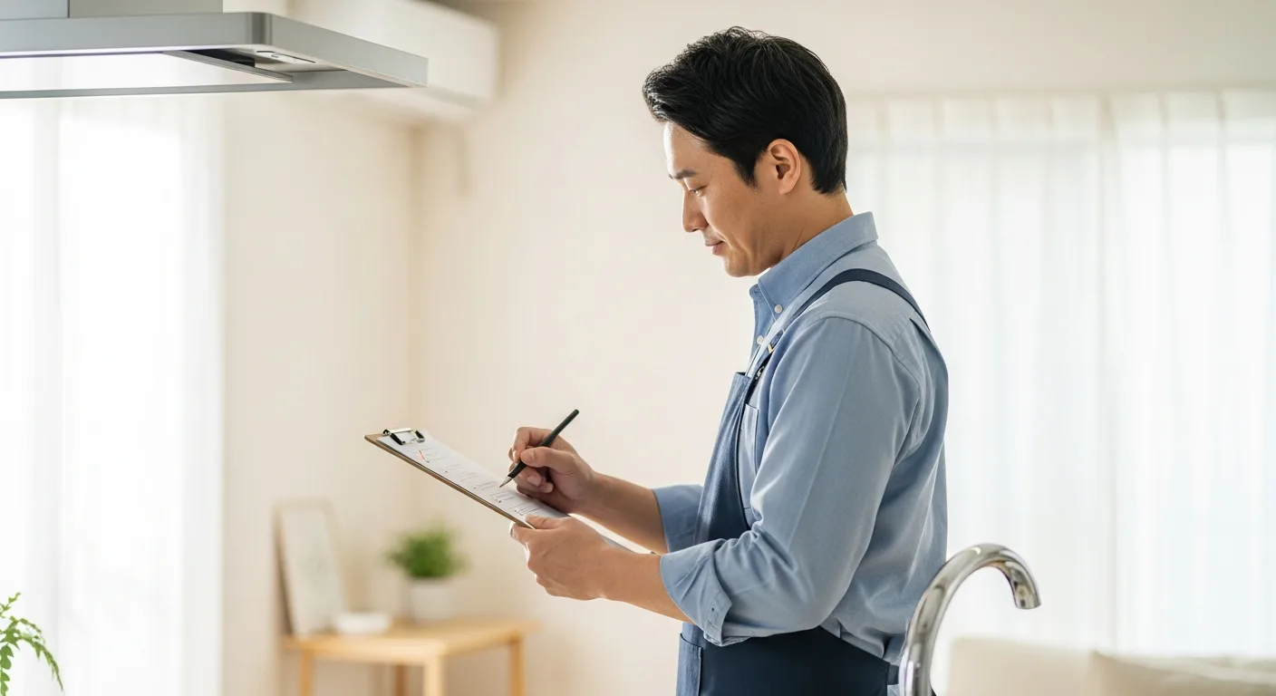 A man organizing a weekly house cleaning schedule on a clipboard in a bright, modern kitchen.