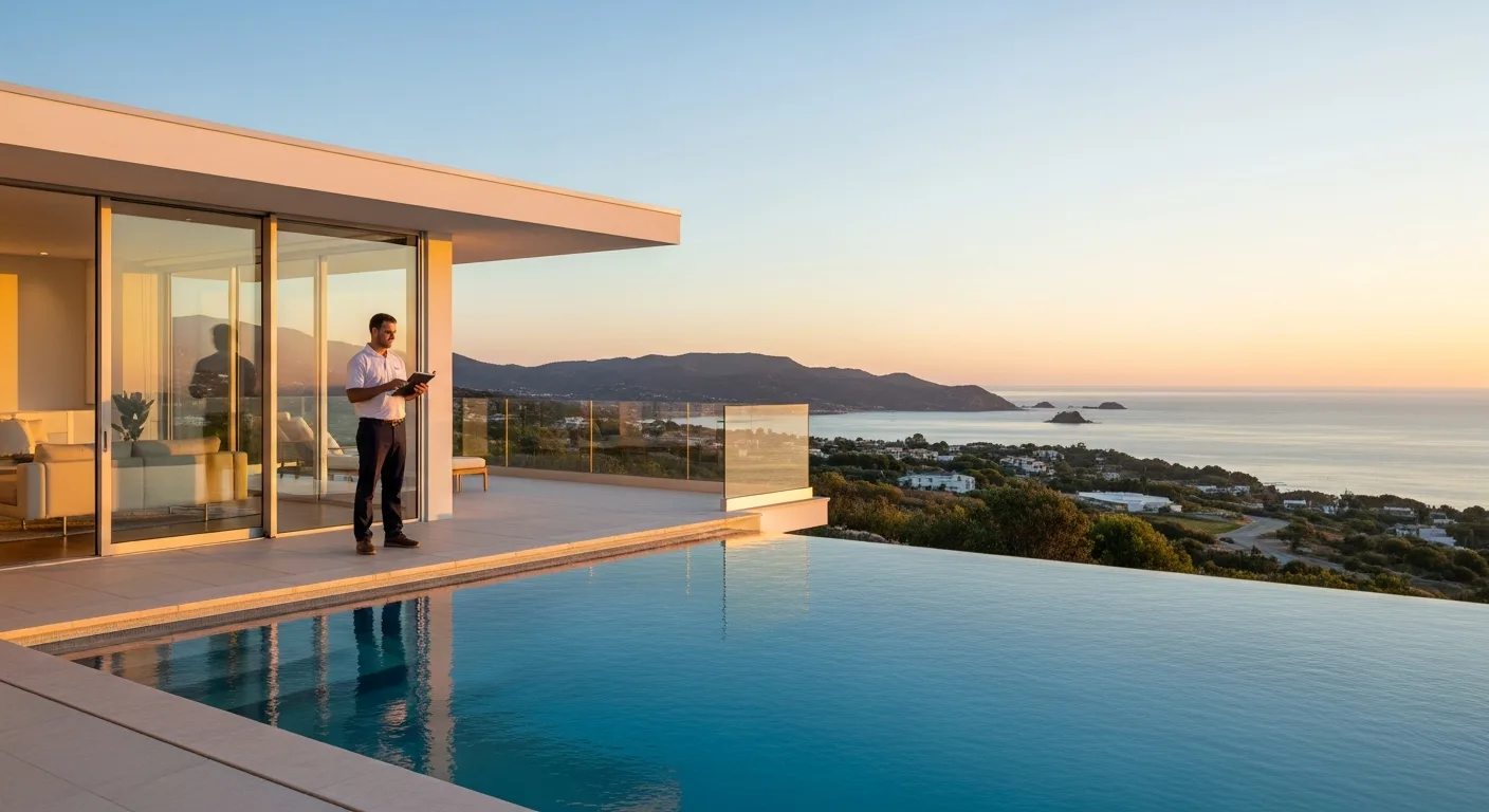 A man overlooking a luxury villa, illustrating how to secure premium house sitting jobs in 2026.