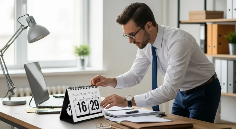 A professional man checking a desk calendar to calculate how long are business days for an upcoming project deadline.