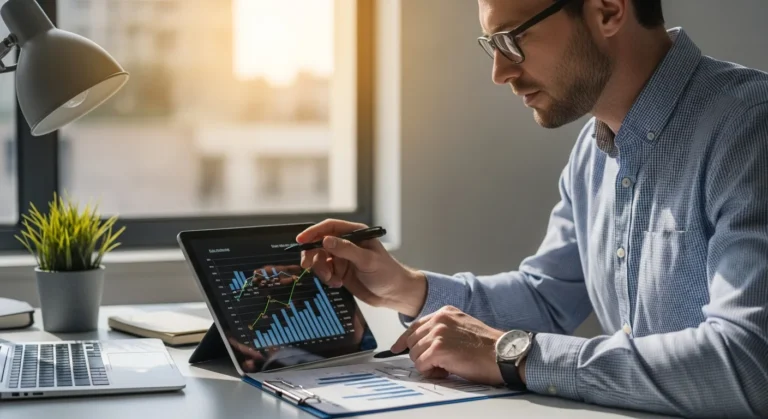 A professional man reviewing financial charts on a tablet to determine how much is my business worth.