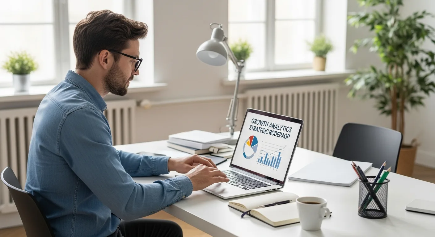 A professional man reviewing data on how to create a marketing plan for a new business in a modern office.