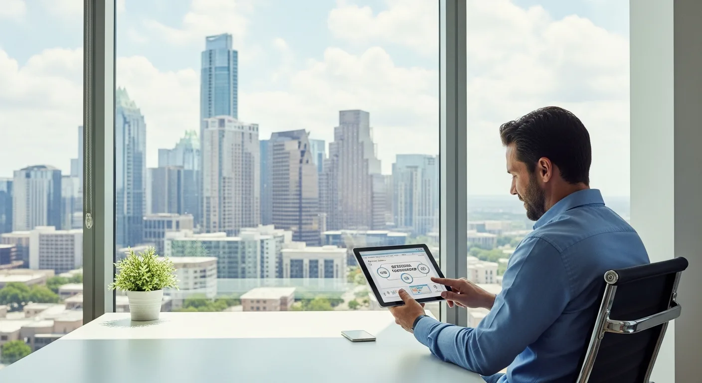 A professional guide on how to start a business in texas featuring a modern workspace and digital roadmap.