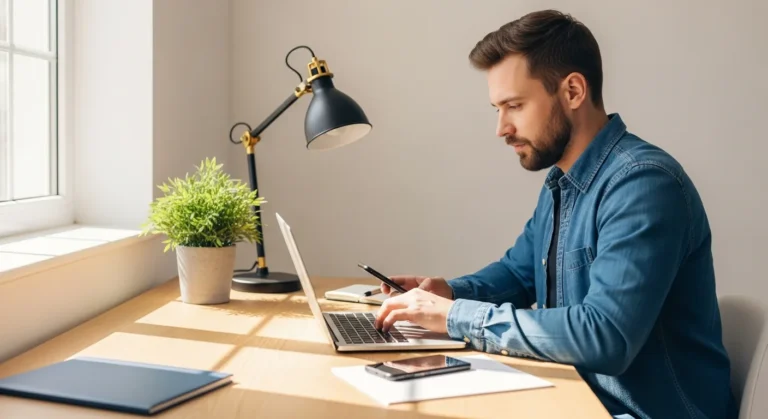 A man working at a laptop learning how to start a business with no money 2026 in a modern home office.
