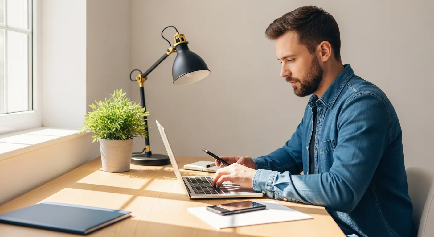 A man working at a laptop learning how to start a business with no money 2026 in a modern home office.