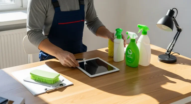 A professional setup of supplies and a digital tablet showing how to start a cleaning business in 2026.