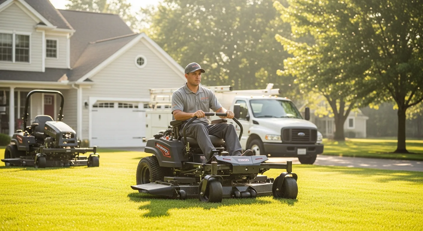 A professional man mowing a lush lawn, illustrating how to start a lawn care business successfully.