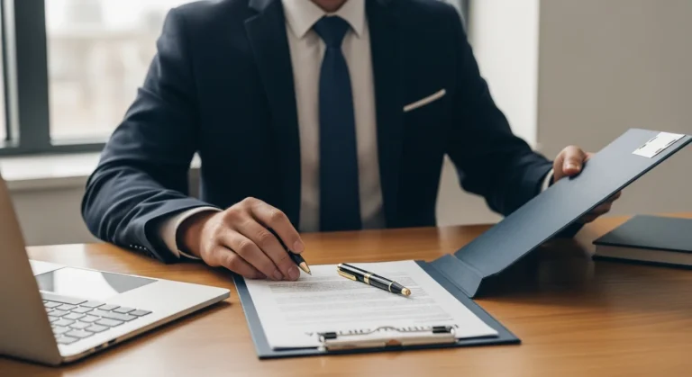 A professional man at a modern desk reviewing documents while learning how to write a business proposal to win deals.