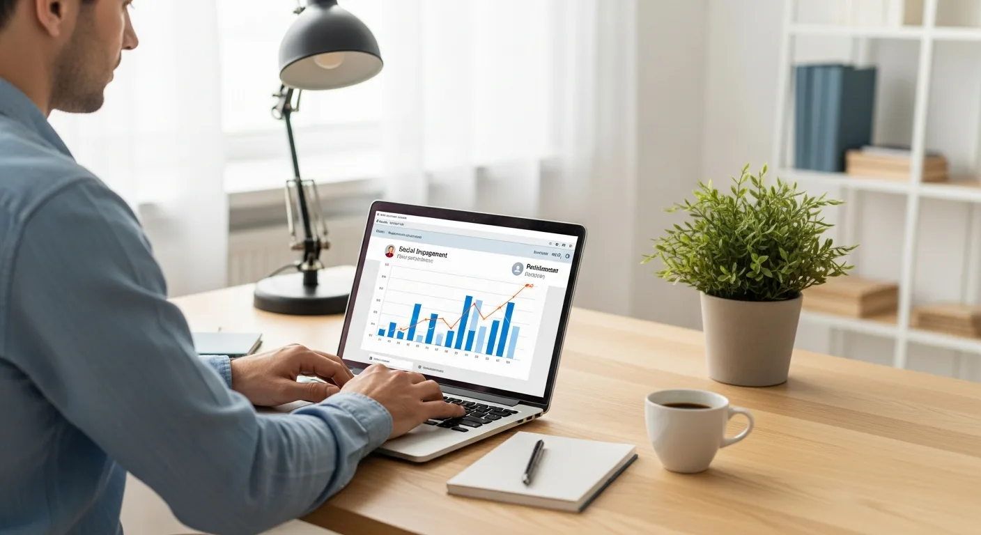 A man managing influencer marketing for small budgets while working on a laptop in a bright home office.
