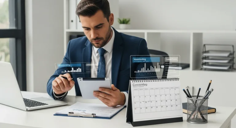 A businessman reviewing a digital calendar to confirm if Friday is a business day for banking deadlines.