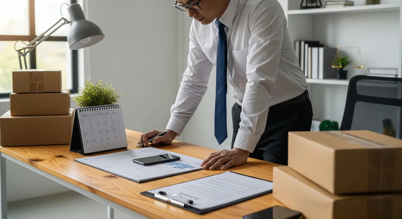 A man checking a desk calendar and watch to determine if is saturday a business day for banking and shipping.