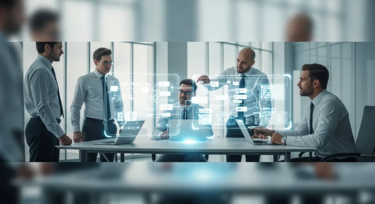 Professional men discussing innovative IT consulting business ideas 2026 in a modern high-tech office environment.