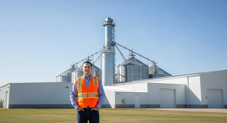 Professional man reviewing industrial growth and jobs in Garden City KS near a modern facility.