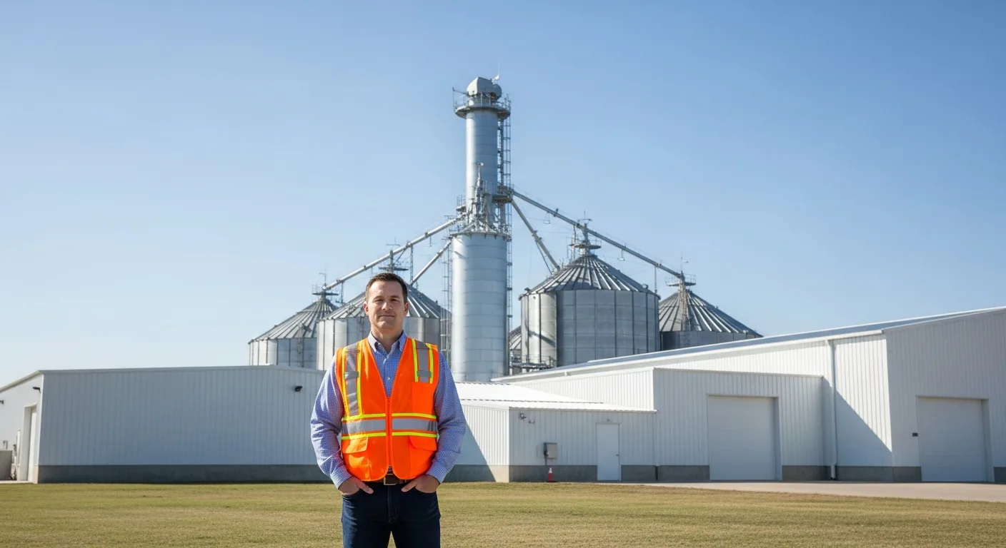 Professional man reviewing industrial growth and jobs in Garden City KS near a modern facility.