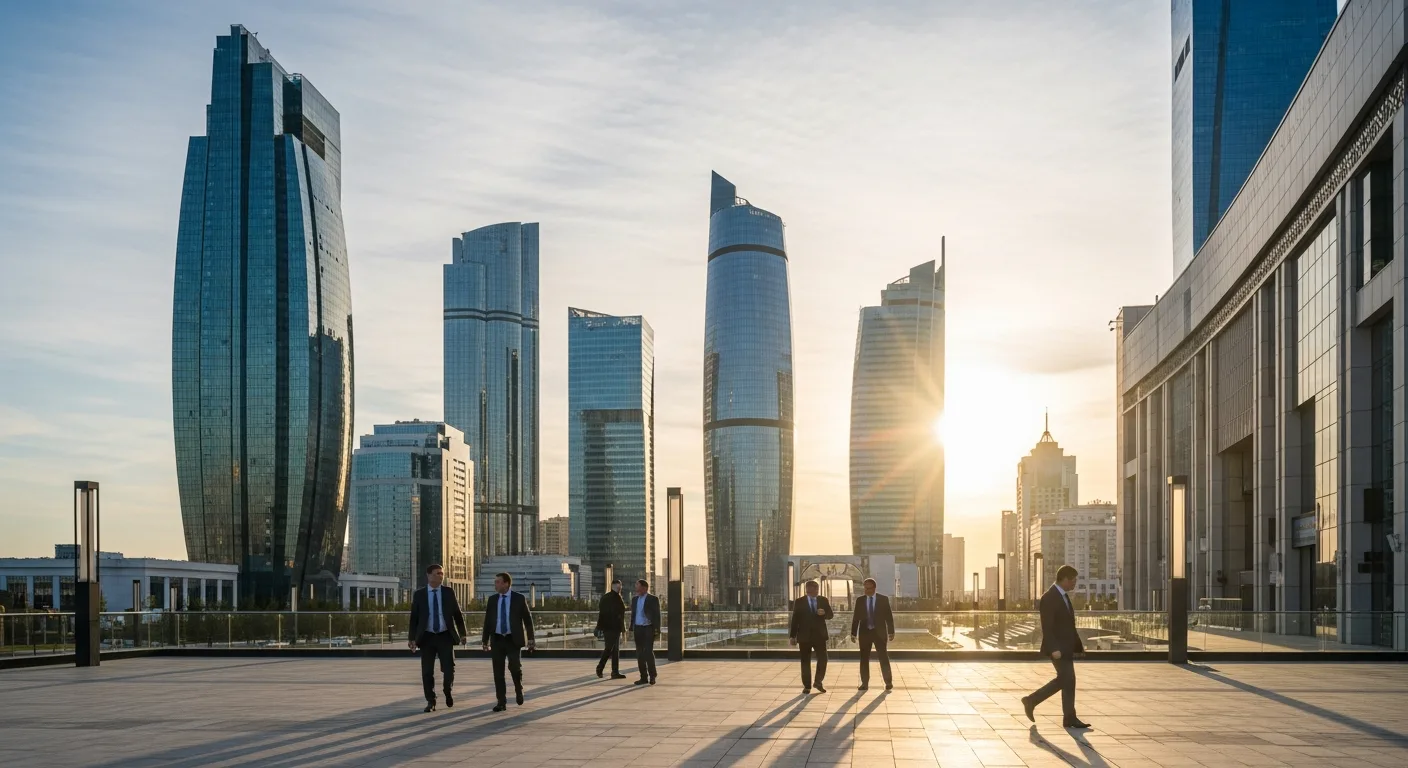 Kazakhstan business news today covering the nation's rise as a modern economic powerhouse with futuristic cityscapes.