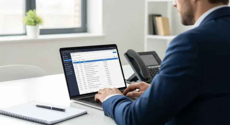 Businessman using the la secretary of state business search on a laptop to verify corporate entity status.